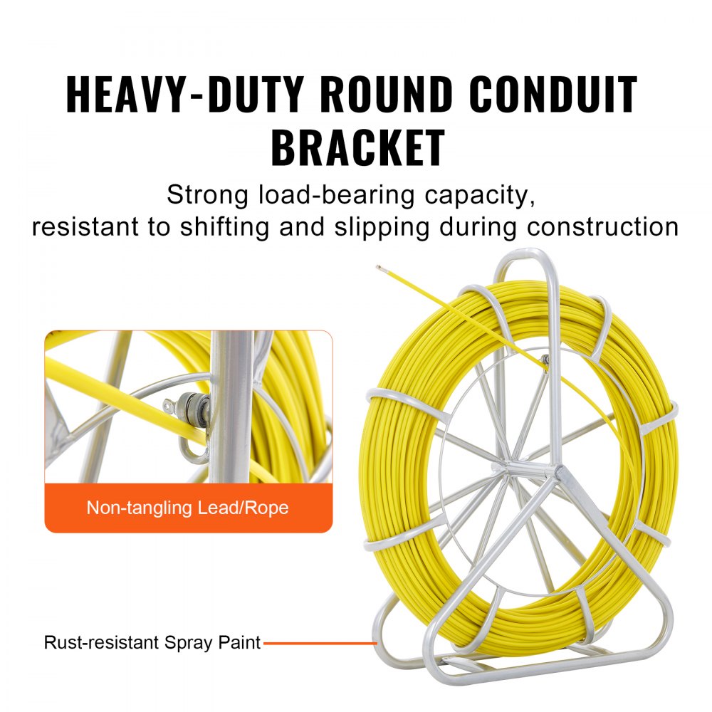 VEVOR Fish Tape Fiberglass, 425 ft, 1/4 inch, Duct Rodder Fishtape Wire Puller, Cable Running Rod with Steel Reel Stand, 3 Pulling Heads, Fishing Tools for Walls and Electrical Conduit, Non-Conductive