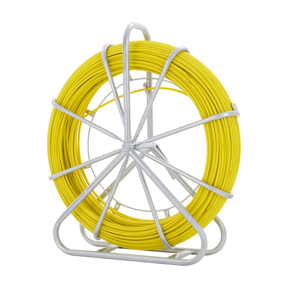 VEVOR Fish Tape Fiberglass, 656 ft, 1/4 inch, Duct Rodder Fishtape Wire Puller, Cable Running Rod with Steel Reel Stand, 3 Pulling Heads, Fishing Tools for Walls and Electrical Conduit, Non-Conductive