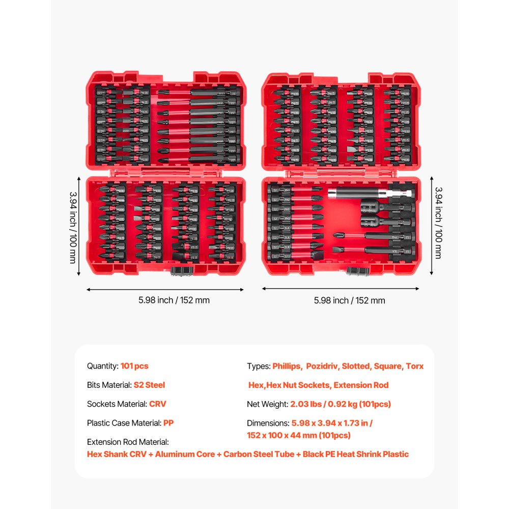 VEVOR Screwdriver Bit Set, 101-Piece, Magnetic Phillips, Pozidriv, Slotted, Square, Torx, Hex Bits, Hex Nut Sockets, Extension Rod with Storage Case, High-Strength S2 Alloy Steel, Blackened Finish