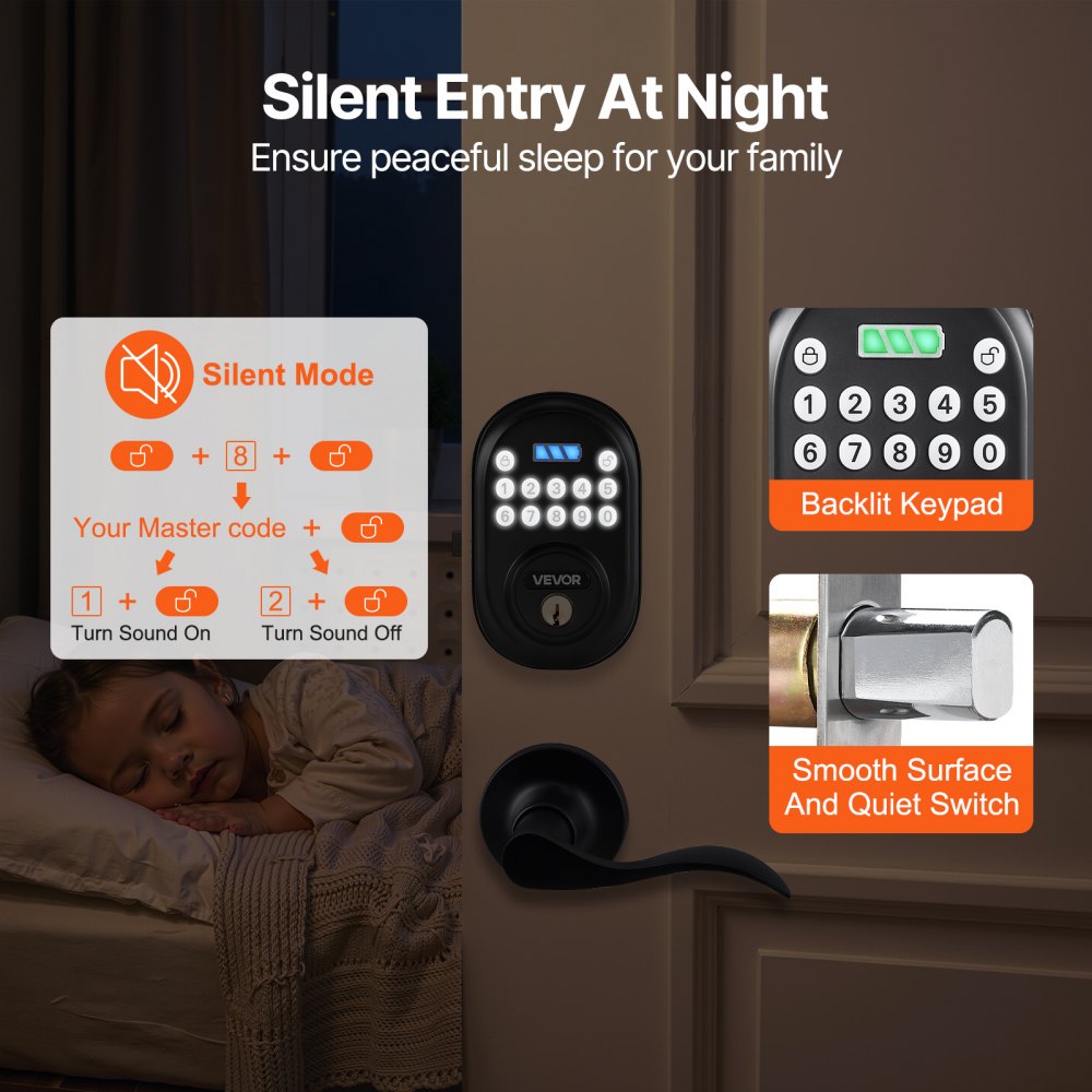VEVOR Keyless Entry Door Lock with Handle, Electronic Keypad Entry Lever, Password and Key Unlock Combination, Auto-Locking Keypad with Deadbolt, One-time Password, for Front Door, Matte Black