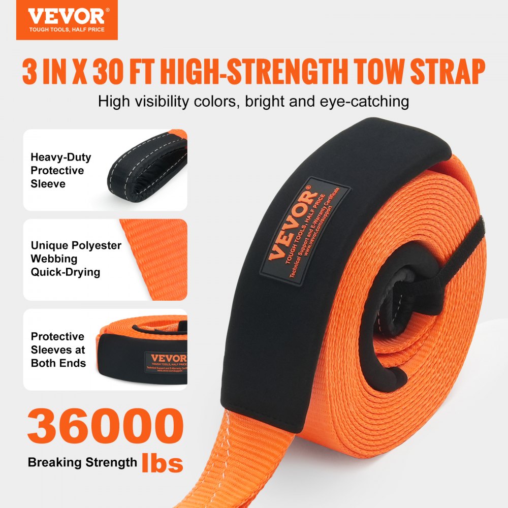 VEVOR Polyester Heavy Duty Tow Strap Recovery Kit 3" x 30 ft (MBS-36,000 lbs) Winch Strap, Triple Reinforced Loop, Snatch Strap + 2" Shackle Hitch Receiver + 3/4" D-Ring Shackles (2PCS) + Storage Bag