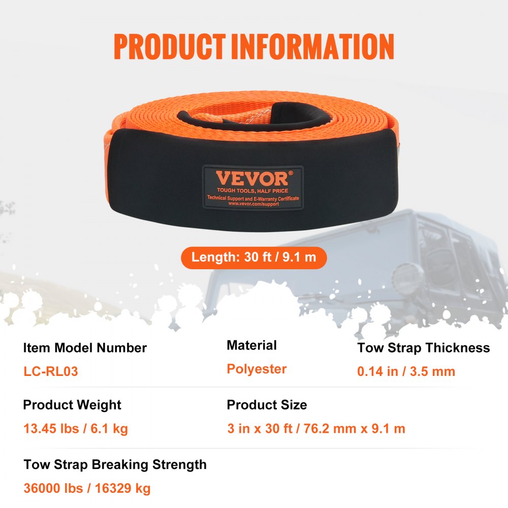 VEVOR Polyester Heavy Duty Tow Strap Recovery Kit 3" x 30 ft (MBS-36,000 lbs) Winch Strap, Triple Reinforced Loop, Snatch Strap + 2" Shackle Hitch Receiver + 3/4" D-Ring Shackles (2PCS) + Storage Bag