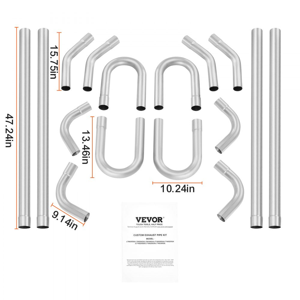 VEVOR Exhaust Kit, 16pcs, DIY Universal Stainless Steel Exhaust Kit with Slip-Fit Joint & Large Exhaust Tube, Rust-Proof Exhaust Pipe for Exhaust System, Fit for Garage/Auto Repair Store/4S Store