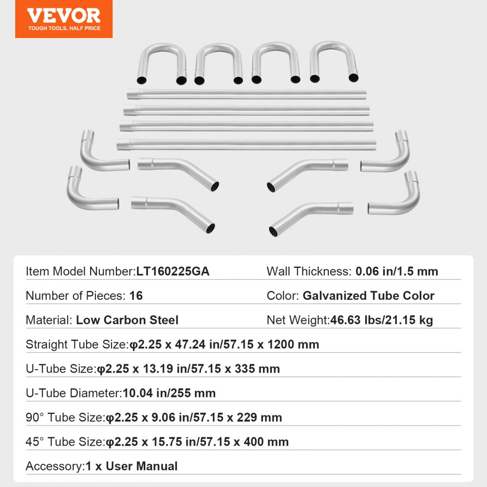 VEVOR Exhaust Kit, 16pcs, DIY Universal Galvanized Steel Exhaust Kit with Slip-Fit Joint & Large Exhaust Tube, Rust-Proof Exhaust Pipe for Exhaust System, Fit for Garage/Auto Repair Store/4S Store