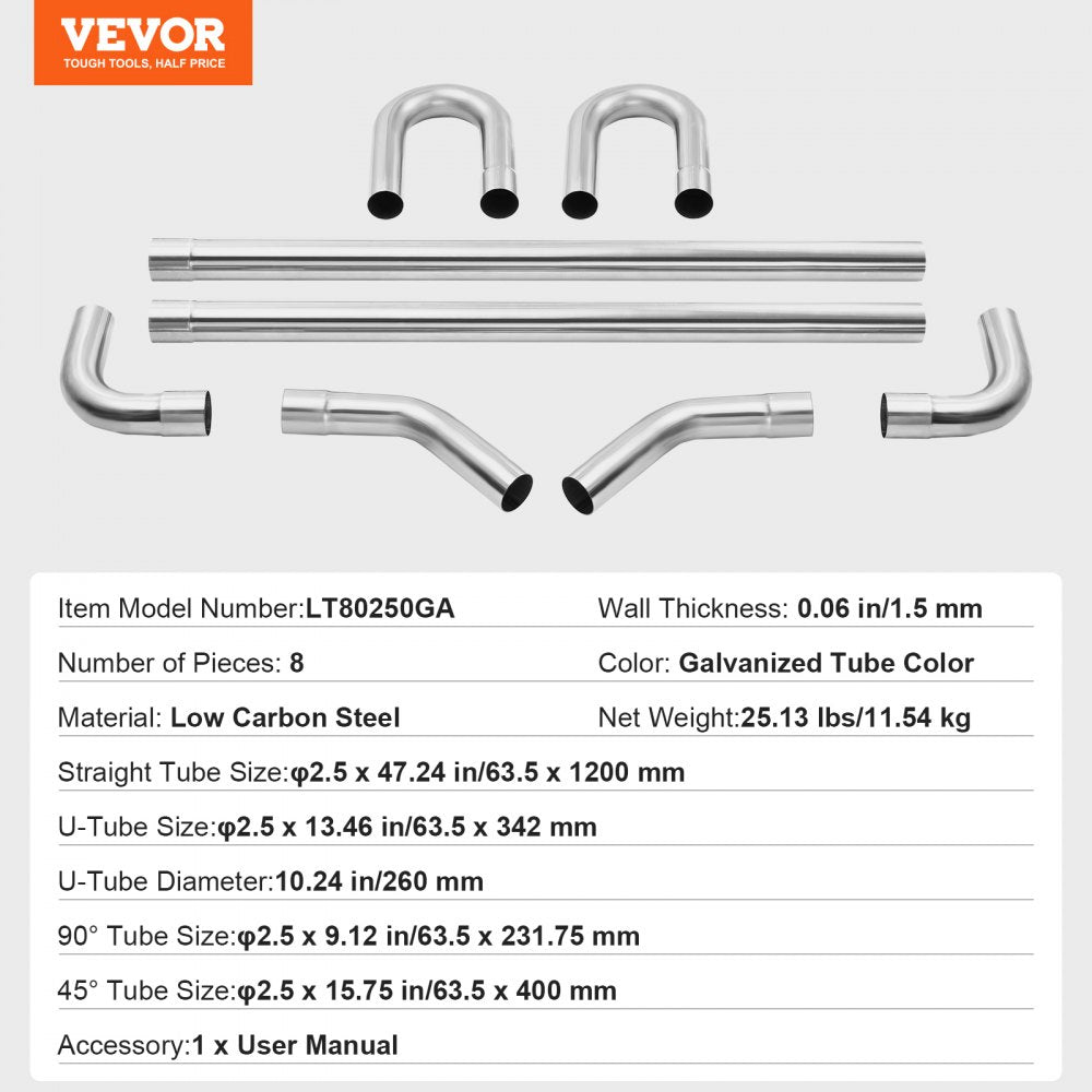 VEVOR Exhaust Kit, 8 Pieces, DIY Universal Galvanized Steel Exhaust Kit with Slip-Fit Joint & Large Exhaust Tube, Rust-Proof Exhaust Pipe for Exhaust System, Fit for Garage/Auto Repair Store/4S Store