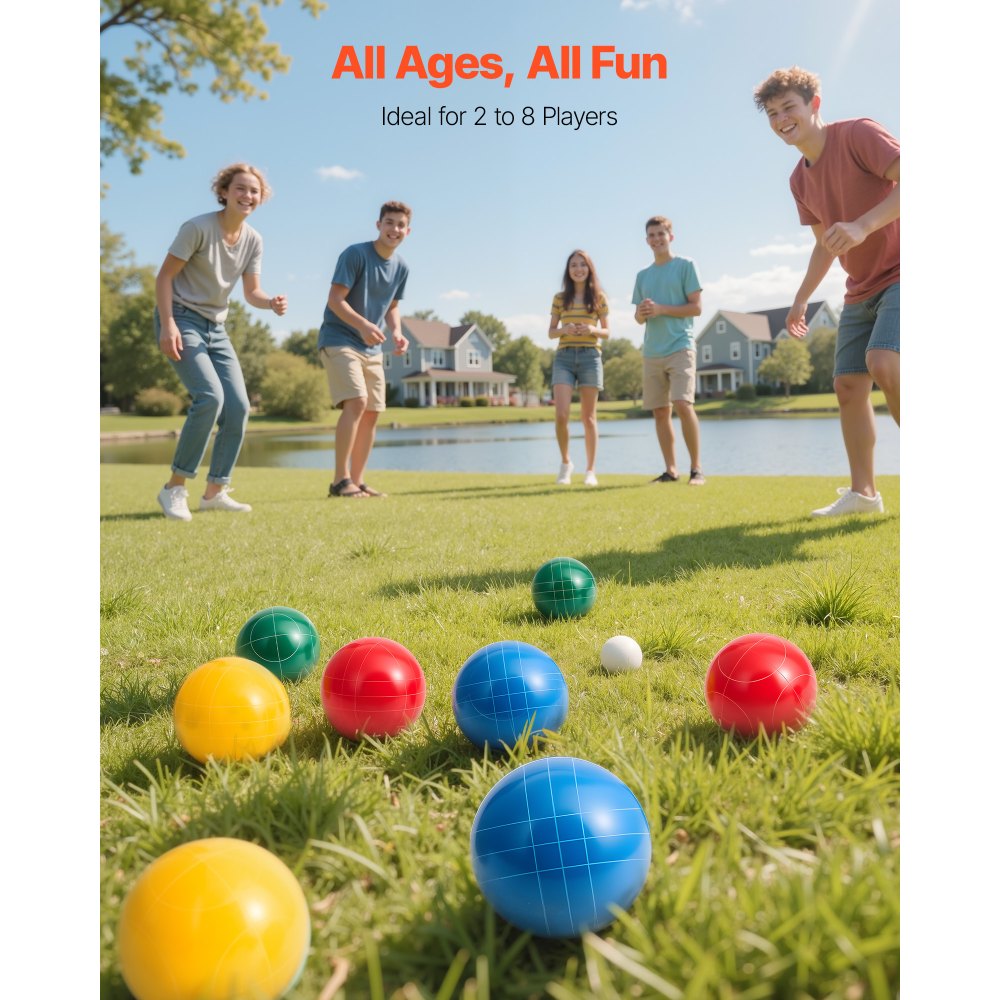 VEVOR Bocce Ball Set, 100 mm, with 8 Resin Balls, Pallino, Carrying Bag and Measuring Rope, Red/Green/Blue/Yellow 4 Colors, for 2 to 8 Players, Bocce Ball Game Set for Beach, Lawn, Family Backyard