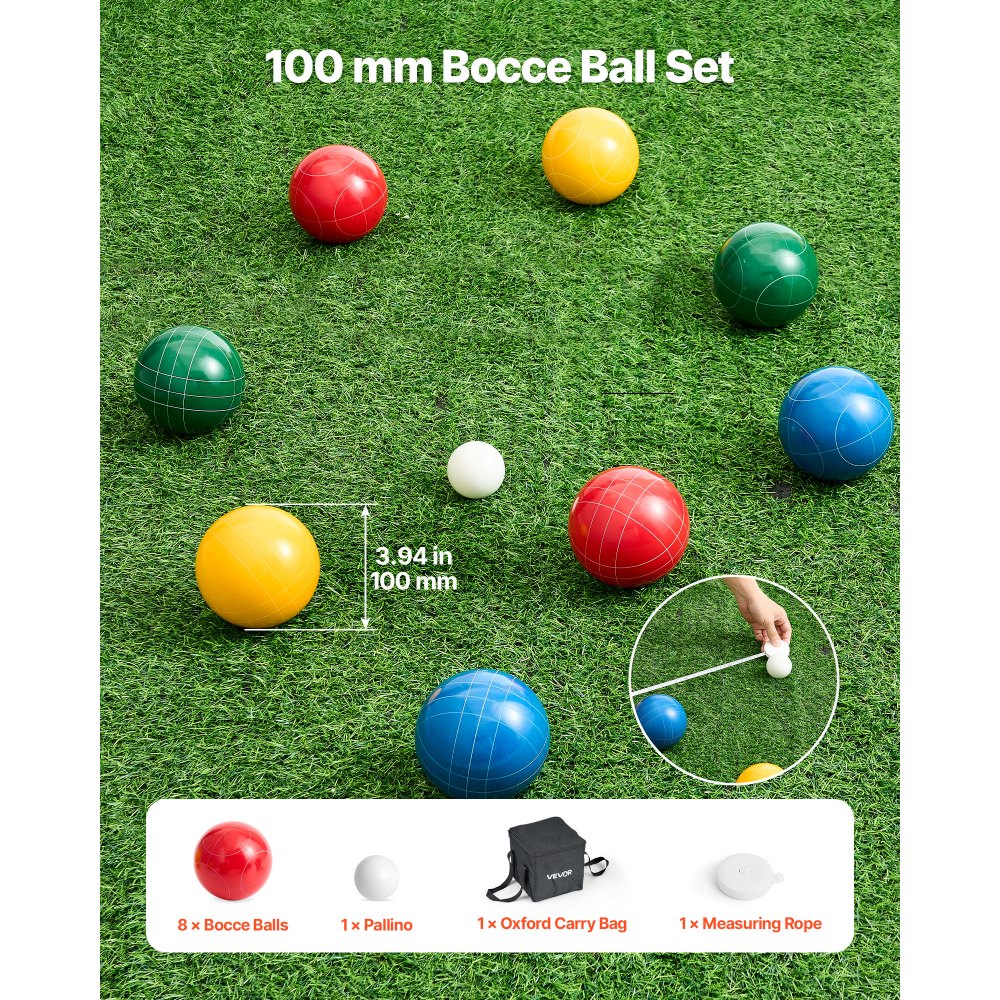 VEVOR Bocce Ball Set, 100 mm, with 8 Resin Balls, Pallino, Carrying Bag and Measuring Rope, Red/Green/Blue/Yellow 4 Colors, for 2 to 8 Players, Bocce Ball Game Set for Beach, Lawn, Family Backyard
