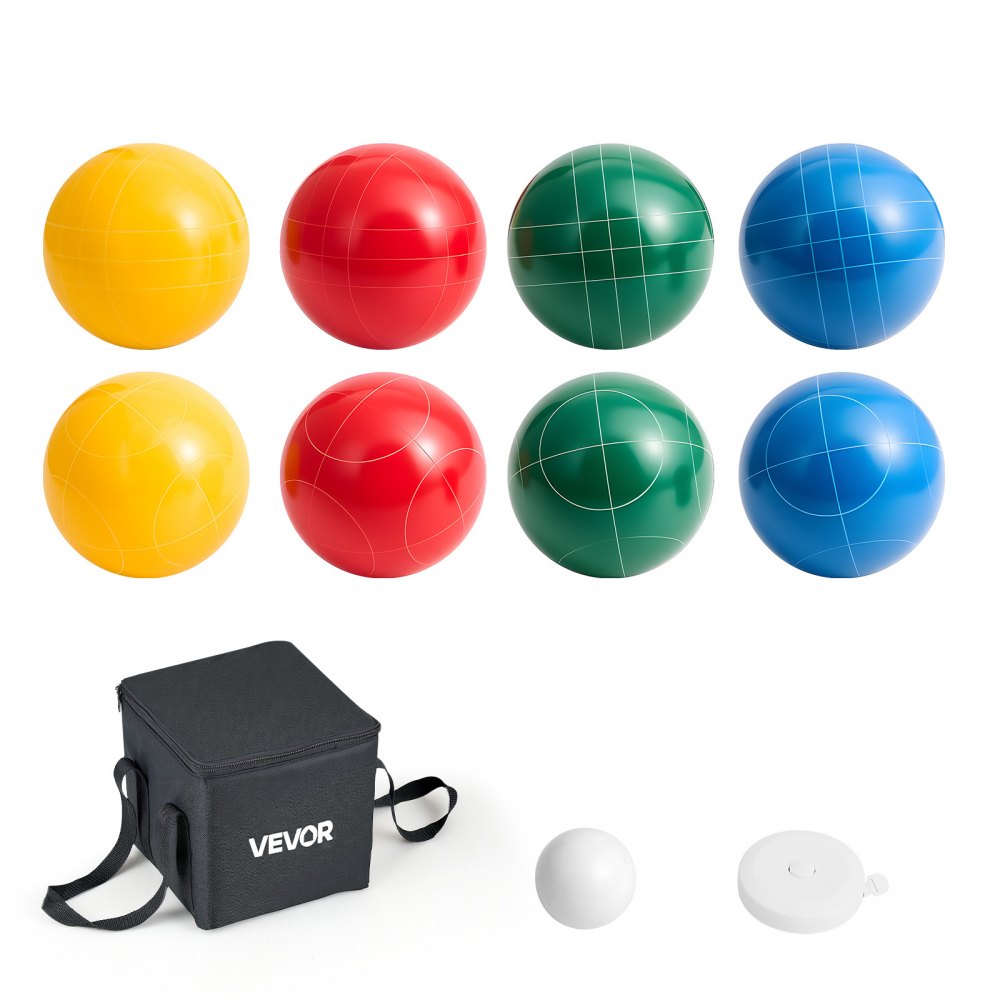 VEVOR Bocce Ball Set, 100 mm, with 8 Resin Balls, Pallino, Carrying Bag and Measuring Rope, Red/Green/Blue/Yellow 4 Colors, for 2 to 8 Players, Bocce Ball Game Set for Beach, Lawn, Family Backyard