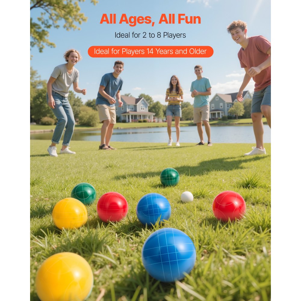 VEVOR Bocce Ball Set, 107 mm, with 8 Resin Balls, Pallino, Carrying Bag and Measuring Rope, Red/Green/Blue/Yellow 4 Colors, for 2 to 8 Players, Bocce Ball Game Set for Beach, Lawn, Family Backyard