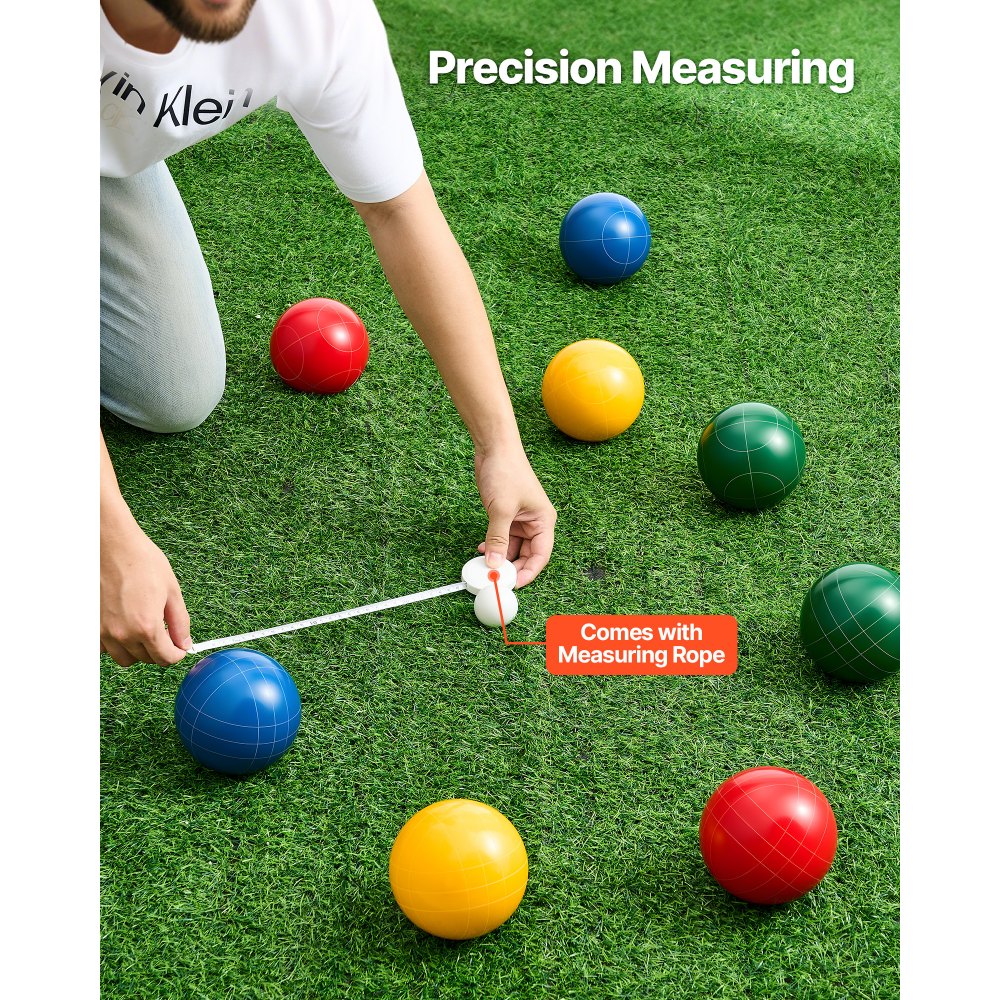 VEVOR Bocce Ball Set, 107 mm, with 8 Resin Balls, Pallino, Carrying Bag and Measuring Rope, Red/Green/Blue/Yellow 4 Colors, for 2 to 8 Players, Bocce Ball Game Set for Beach, Lawn, Family Backyard