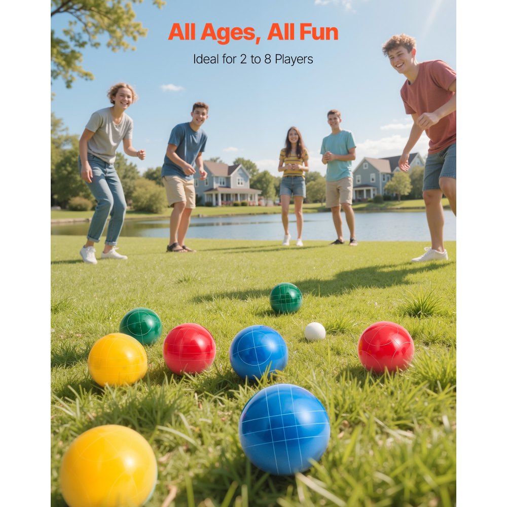 VEVOR Bocce Ball Set, 90 mm, with 8 Resin Balls, Pallino, Carrying Bag and Measuring Rope, Red/Green/Blue/Yellow 4 Colors, for 2 to 8 Players, Bocce Ball Game Set for Beach, Lawn, Family Backyard