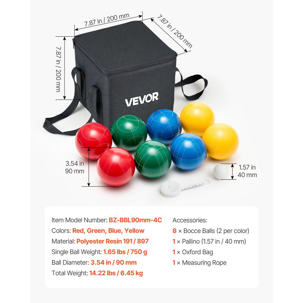 VEVOR Bocce Ball Set, 90 mm, with 8 Resin Balls, Pallino, Carrying Bag and Measuring Rope, Red/Green/Blue/Yellow 4 Colors, for 2 to 8 Players, Bocce Ball Game Set for Beach, Lawn, Family Backyard