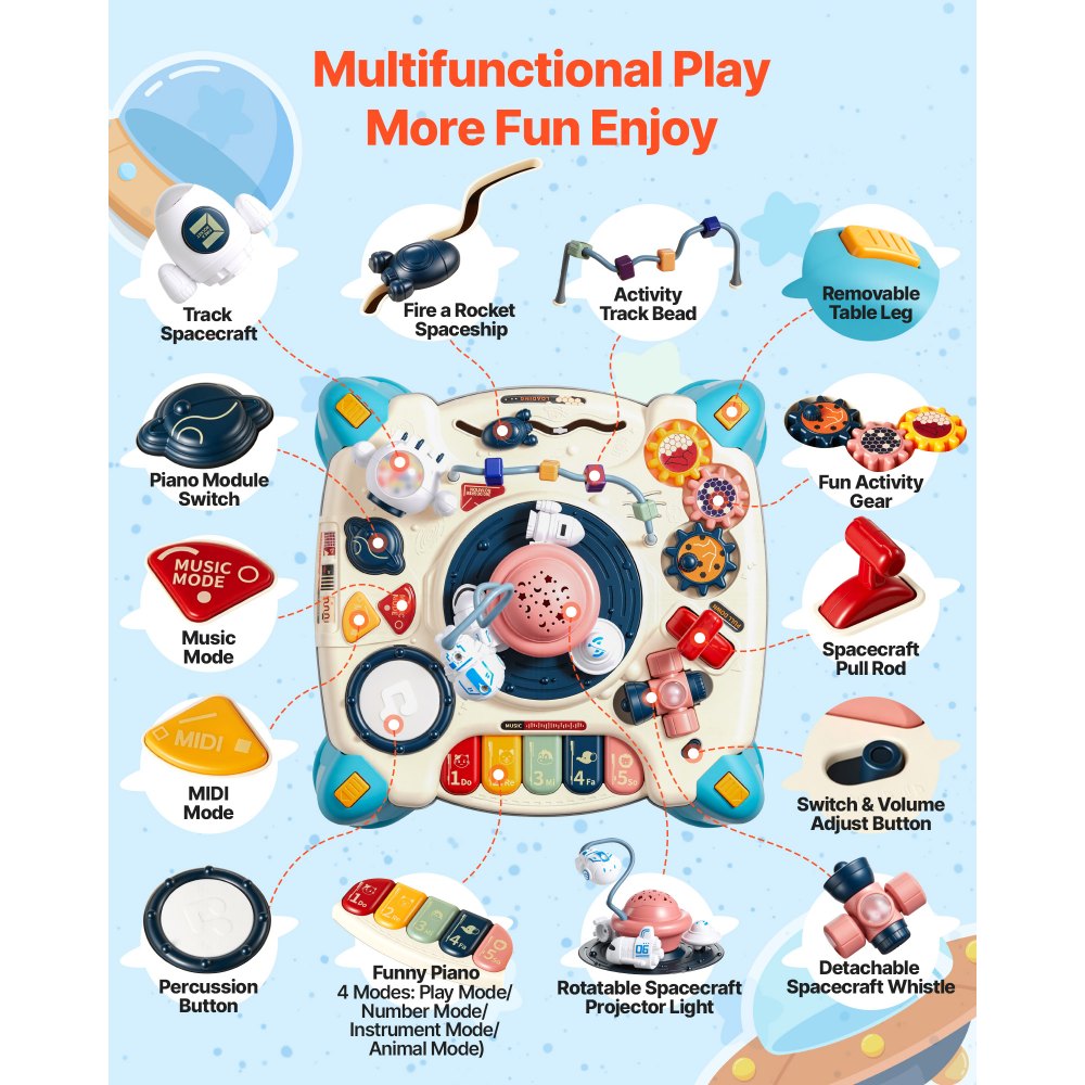 VEVOR Baby Spacecraft Musical Table Toys for 1-3 Years Old, Learning Activity Desk with Space Theme & Soft-glow Star Projector & 60+ Sound Sources, Toddler Learning Table for Kids 6+ Months