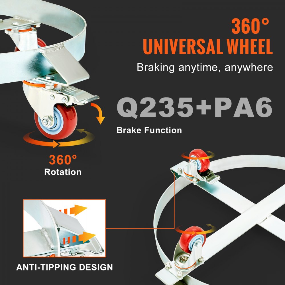 VEVOR 2PCS 55 Gallon Heavy Duty Drum Dolly, 1000 lbs Load Capacity, Barrel Dolly Cart Drum Caddy, Non Tipping Hand Truck Capacity Dollies with Steel Frame 4 Swivel Casters Wheel, for Drum Handling