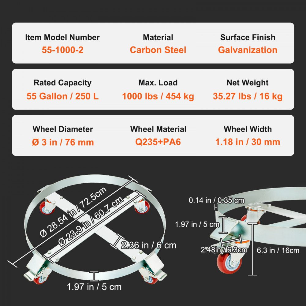 VEVOR 2PCS 55 Gallon Heavy Duty Drum Dolly, 1000 lbs Load Capacity, Barrel Dolly Cart Drum Caddy, Non Tipping Hand Truck Capacity Dollies with Steel Frame 4 Swivel Casters Wheel, for Drum Handling