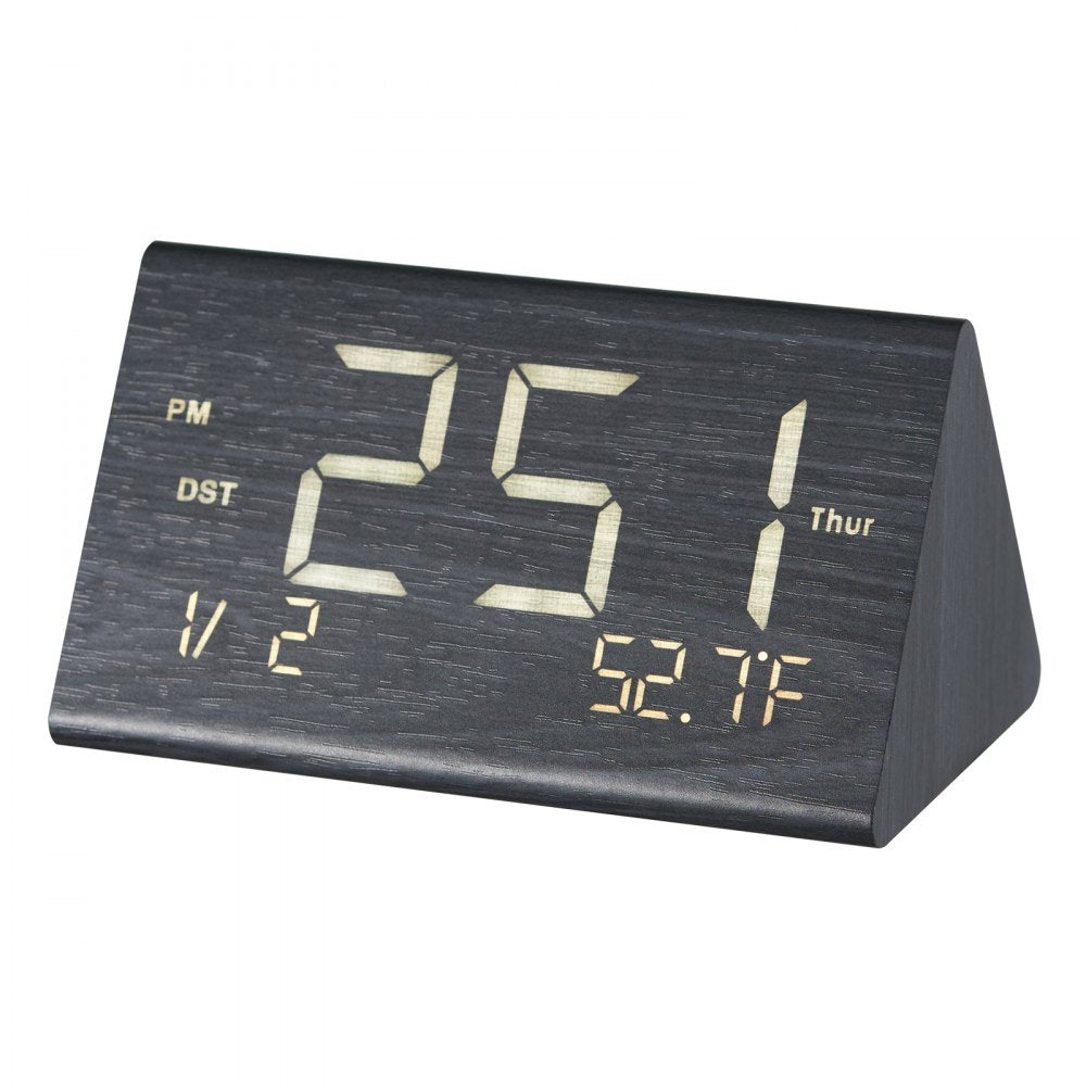 VEVOR Digital Alarm Clock, Wooden Desk Clock with Dual Alarm, USB Port, Snooze, Night Light, Voice Control, Adjustable Volume, Bedside Desktop Clock with Charger for Bedroom, Kitchen, Office, Black
