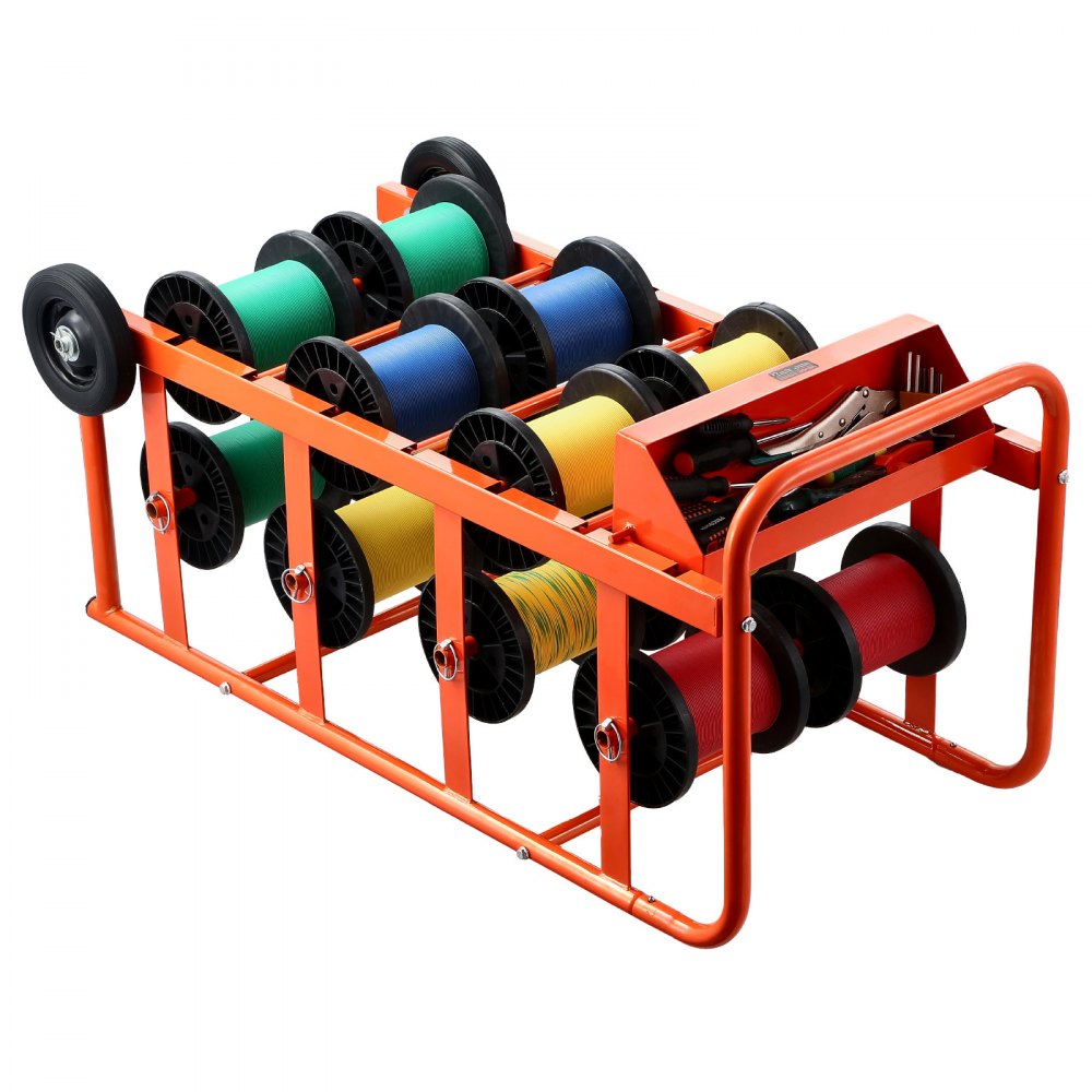 VEVOR Wire Spool Rack, 11 Rods, Multi-Spool Wire Rack Dispenser, Cable Caddy with Wheels, Cable Holder with Storage Tray for Wiring Storage, for Electrical, Industrial & Retail Use, Working Efficiency