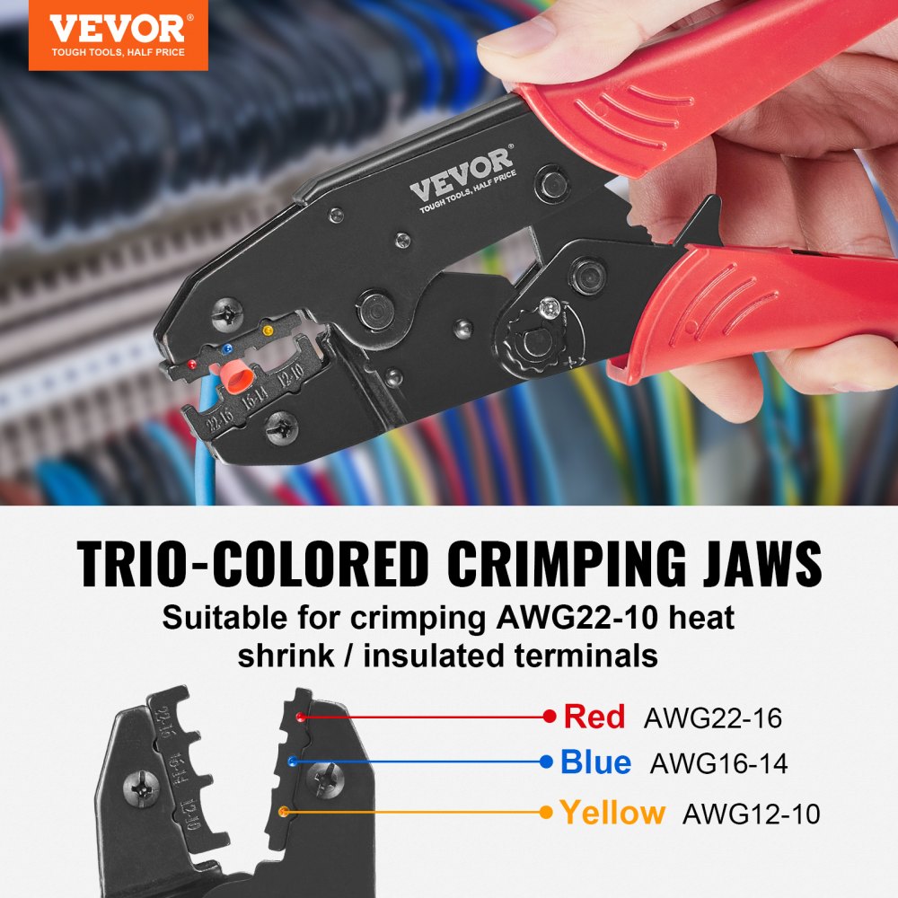 VEVOR Ratcheting Crimping Tool Set For Insulated Electrical Connectors AWG22-10 with Wire Stripper and 210pcs Heat Shrink Tubes Labor-Saving Ratcheting Wire Crimp Pliers