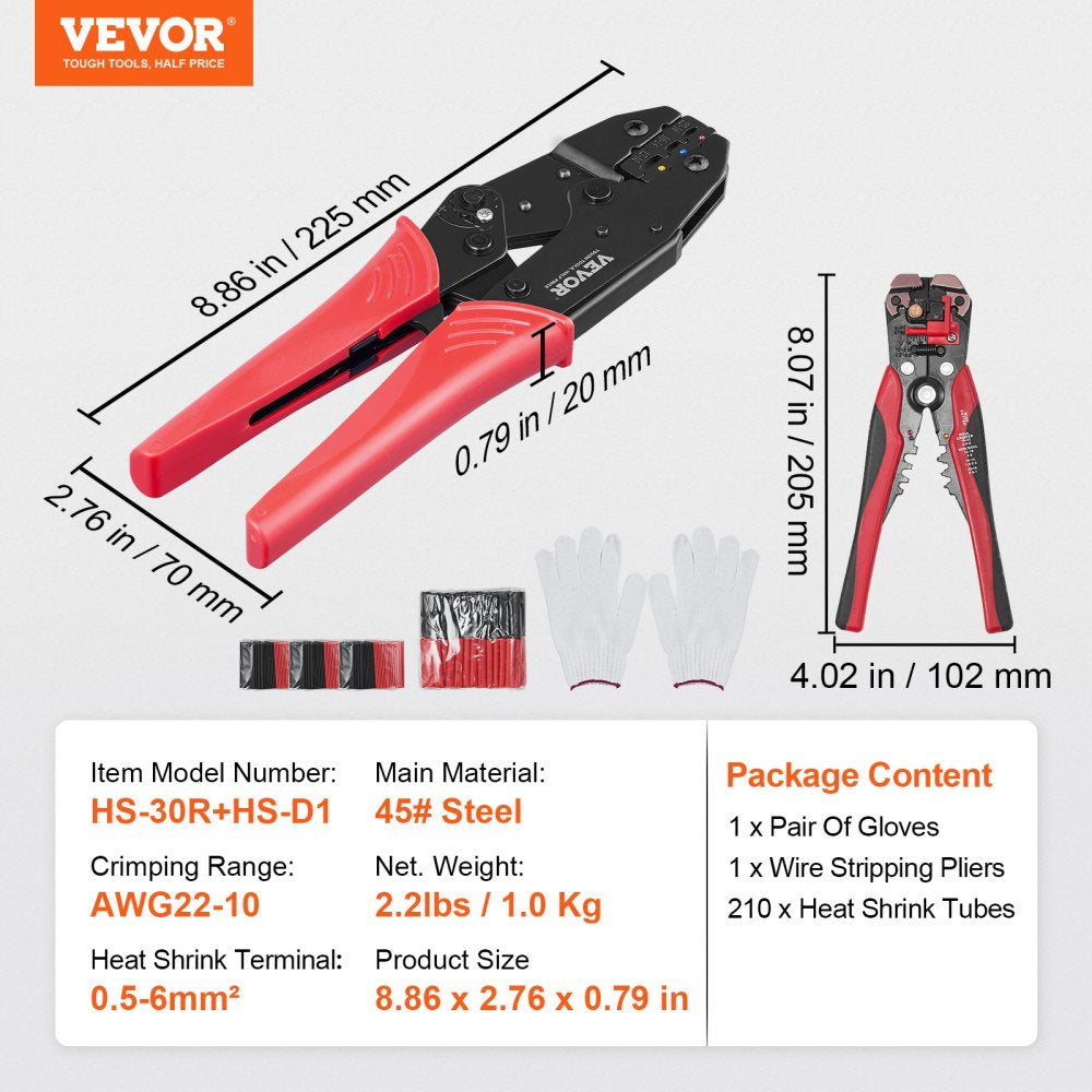VEVOR Ratcheting Crimping Tool Set For Insulated Electrical Connectors AWG22-10 with Wire Stripper and 210pcs Heat Shrink Tubes Labor-Saving Ratcheting Wire Crimp Pliers