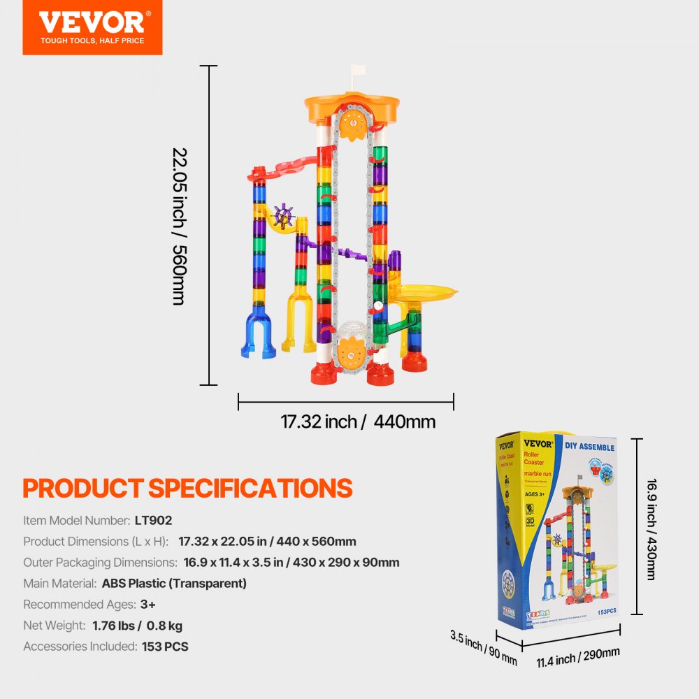 VEVOR Marble Run Set, 153 PCS with Motorized Elevator, with 30 Plastic Marbles, Marble Maze Building Block Brain Game, Educational Learning Race Track STEM Toys, for Kids, Boys, Girls Ages 3 + Years