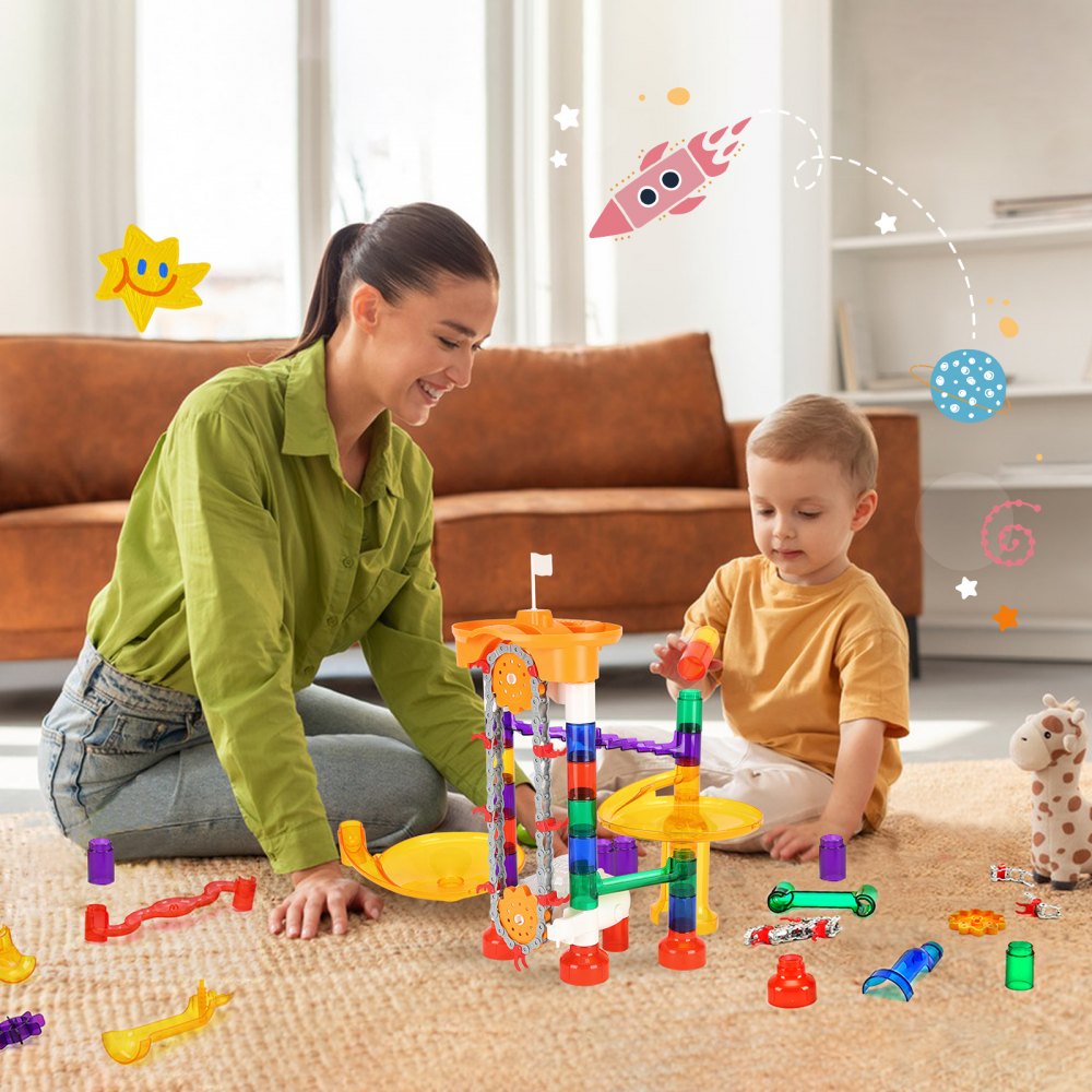 VEVOR Marble Run Set, 153 PCS with Motorized Elevator, with 30 Plastic Marbles, Marble Maze Building Block Brain Game, Educational Learning Race Track STEM Toys, for Kids, Boys, Girls Ages 3 + Years