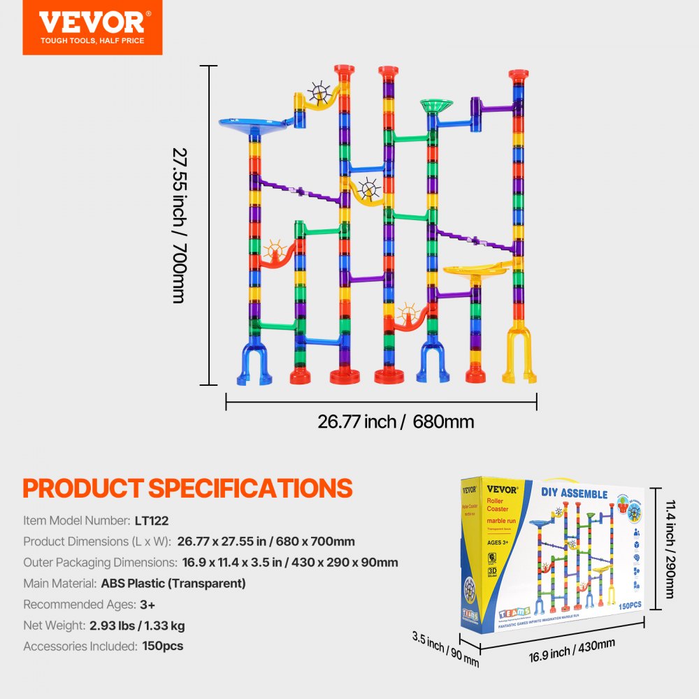 VEVOR Marble Run Set, 150 Piece Marble Maze Building Block Brain Game, with 10 Glow in the Dark Marbles + 40 Glass Marbles, Educational Learning Race Track STEM Toys, for Kids, Boys, Girls Ages 3 +