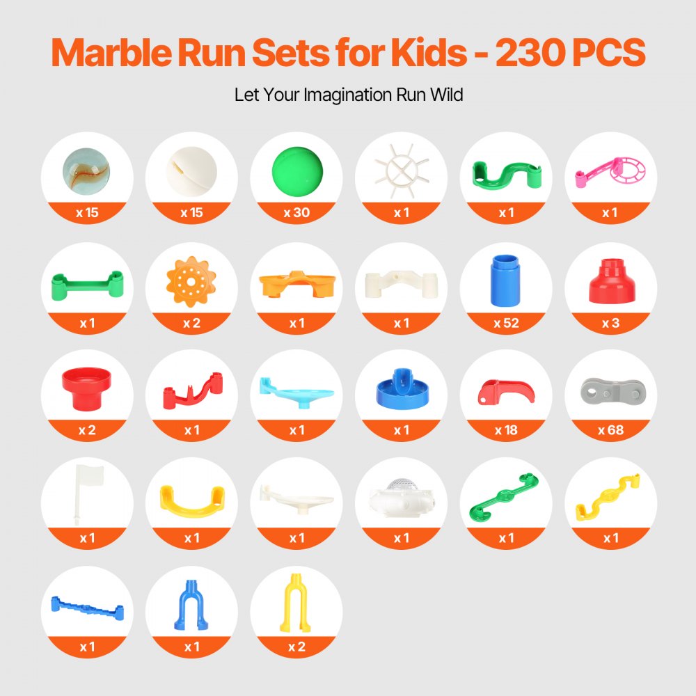 VEVOR Marble Run Set, 230 PCS with Motorized Elevator, with 15 Plastic Marbles, Marble Maze Building Block Brain Game, Educational Learning Race Track STEM Toys, for Kids, Boys, Girls Ages 3 + Years