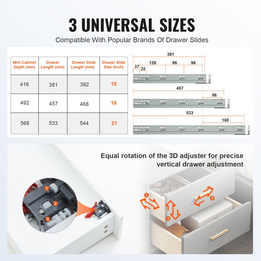 VEVOR 6 Pairs of 15 Inch Drawer Bottom Side Mount Rails, Heavy Duty Full Ball Bearing Extension Steel Track, Soft-Close Noiseless Guide Glides Cabinet Kitchen Runners with Locking Mechanism, 100 Lbs