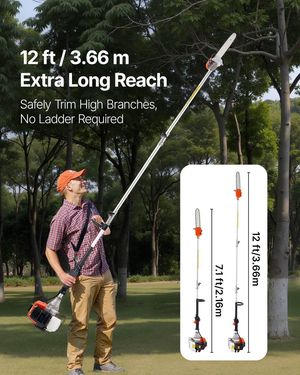VEVOR Gas Pole Saw, 43CC 2 Stroke Gas Powered Pole Saws with 12 in Cutting Bar, Cordless Tree Trimmer with Rotatable Head, 7.1 to 12 ft Extendable, Powerful Chainsaw for Tree Trimming Pruning