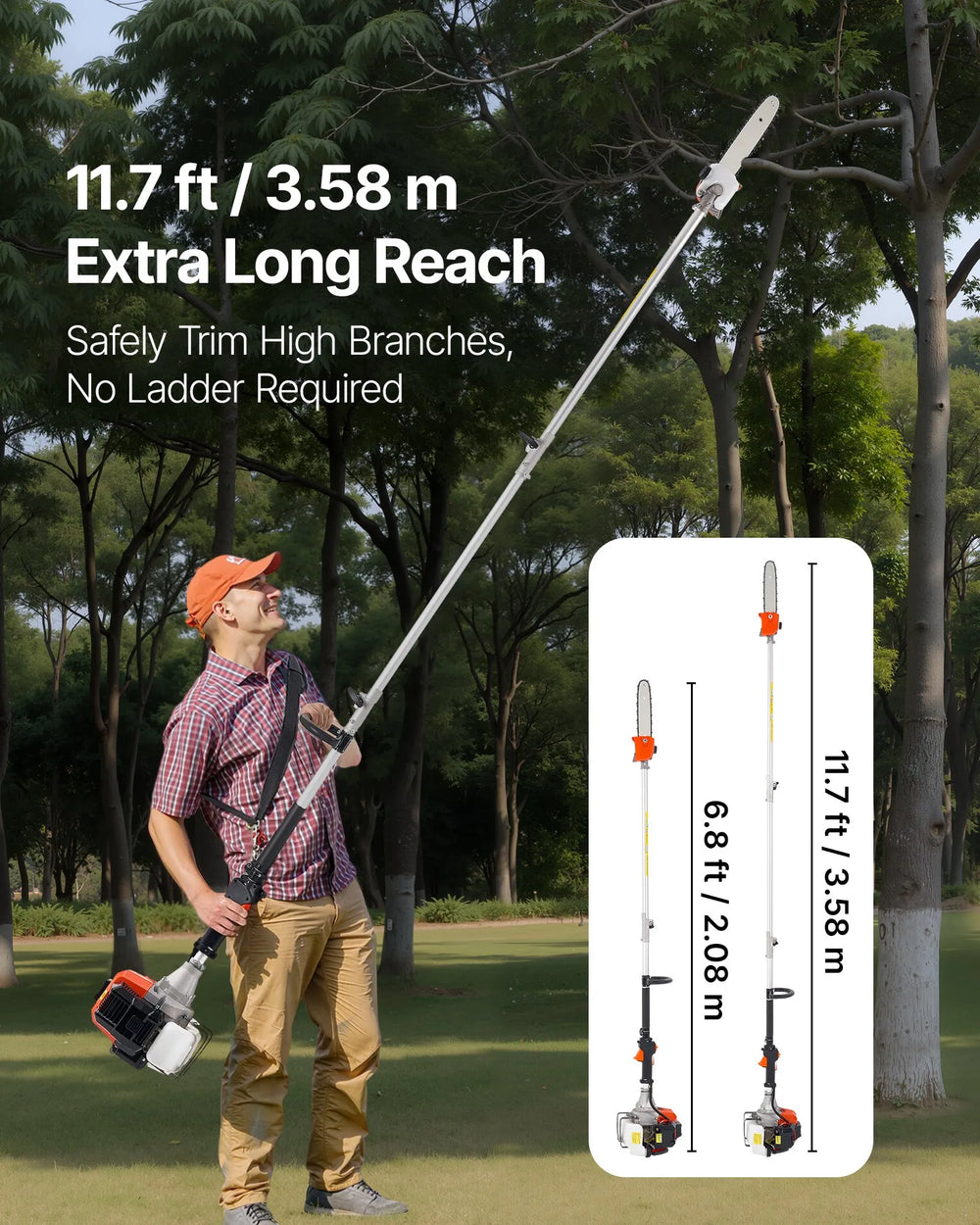 VEVOR Gas Pole Saw, 43CC 2 Stroke Gas Powered Pole Saws with 10 in Cutting Bar, Cordless Tree Trimmer with 30 fl.oz Fuel Tank, 6.8 to 11.7 ft Extendable, Powerful Chainsaw for Tree Trimming Pruning