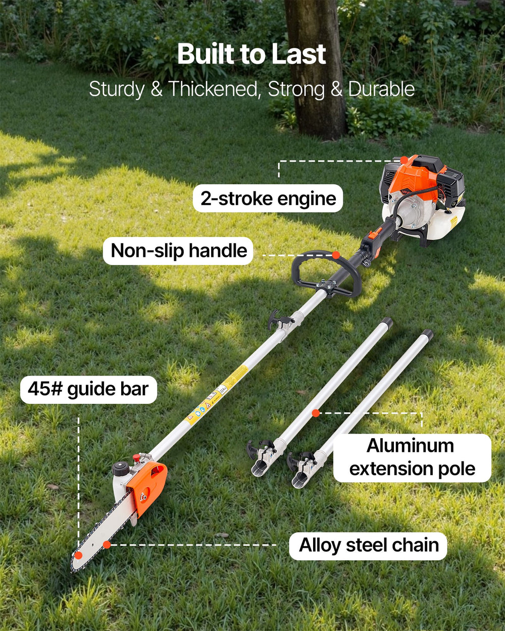 VEVOR Gas Pole Saw, 43CC 2 Stroke Gas Powered Pole Saws with 10 in Cutting Bar, Cordless Tree Trimmer with Rotatable Head, 6.9 to 11.8 ft Extendable, Powerful Chainsaw for Tree Trimming Pruning
