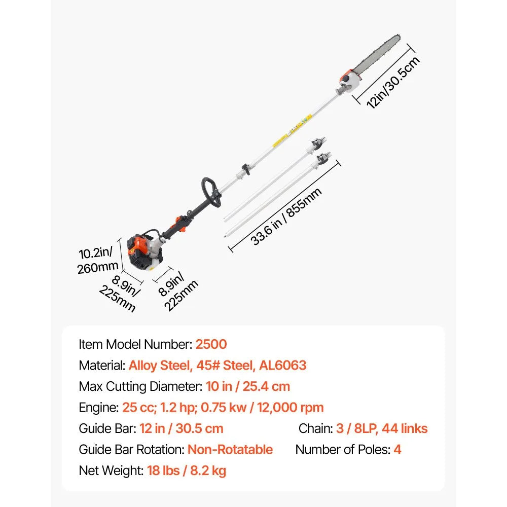VEVOR Gas Pole Saw, 25CC 2 Stroke Gas Powered Pole Saws with 12 in Cutting Bar, Cordless Tree Trimmer with 23 fl.oz Fuel Tank, 7 to 12 ft Extendable, Powerful Chainsaw for Tree Trimming Pruning