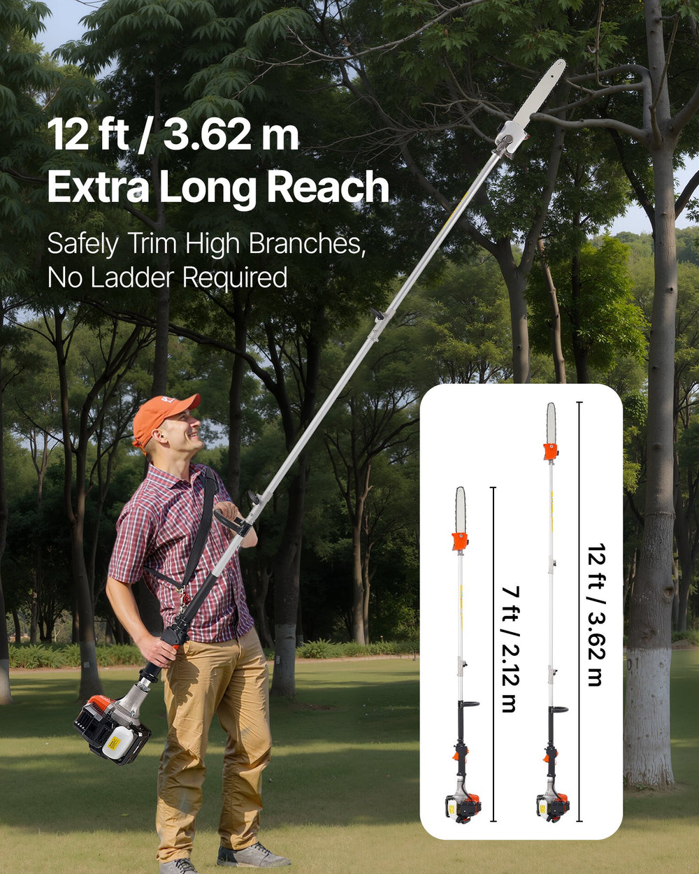 VEVOR Gas Pole Saw, 25CC 2 Stroke Gas Powered Pole Saws with 12 in Cutting Bar, Cordless Tree Trimmer with 23 fl.oz Fuel Tank, 7 to 12 ft Extendable, Powerful Chainsaw for Tree Trimming Pruning