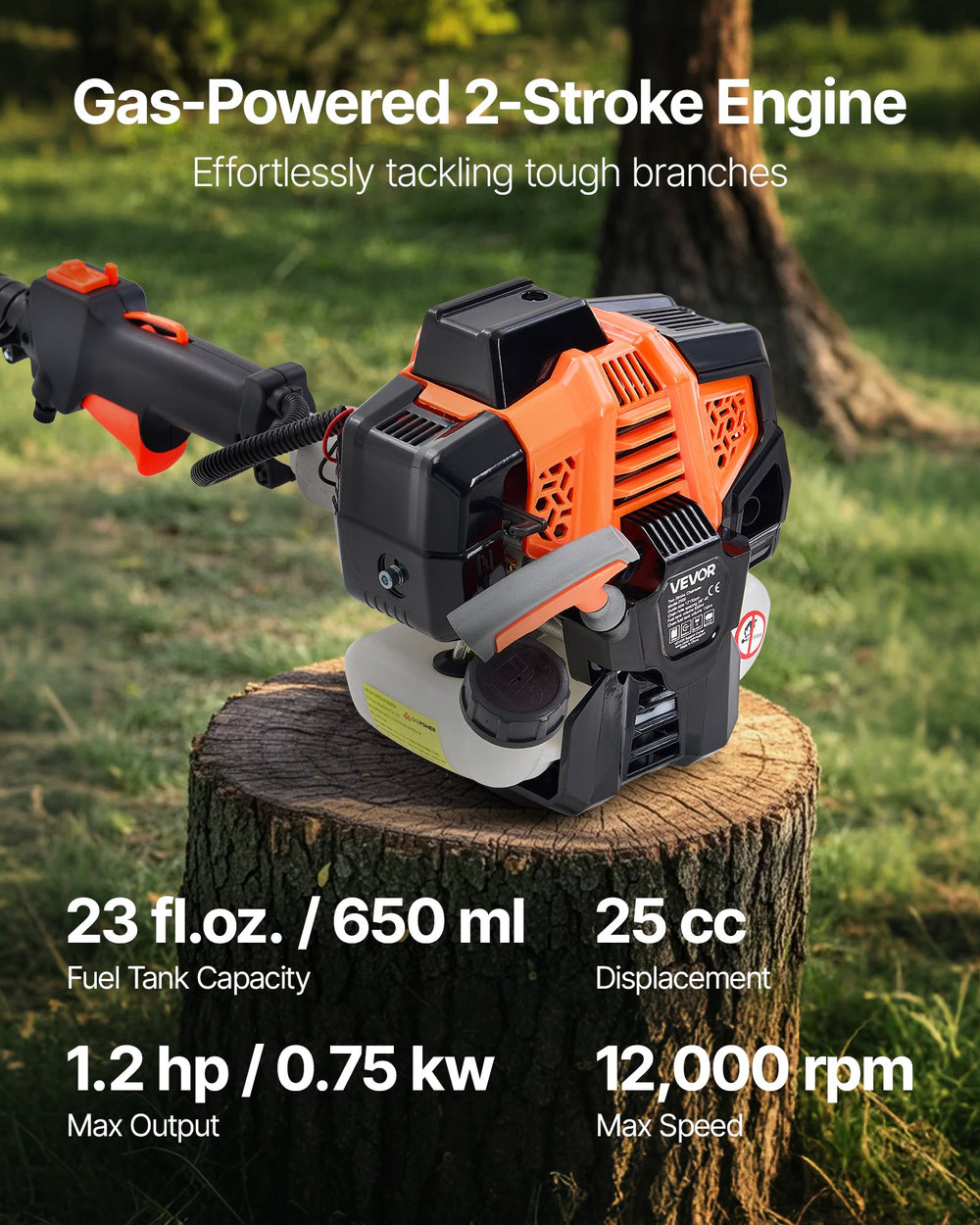 VEVOR Gas Pole Saw, 25CC 2 Stroke Gas Powered Pole Saws with 12 in Cutting Bar, Cordless Tree Trimmer with 23 fl.oz Fuel Tank, 7 to 12 ft Extendable, Powerful Chainsaw for Tree Trimming Pruning