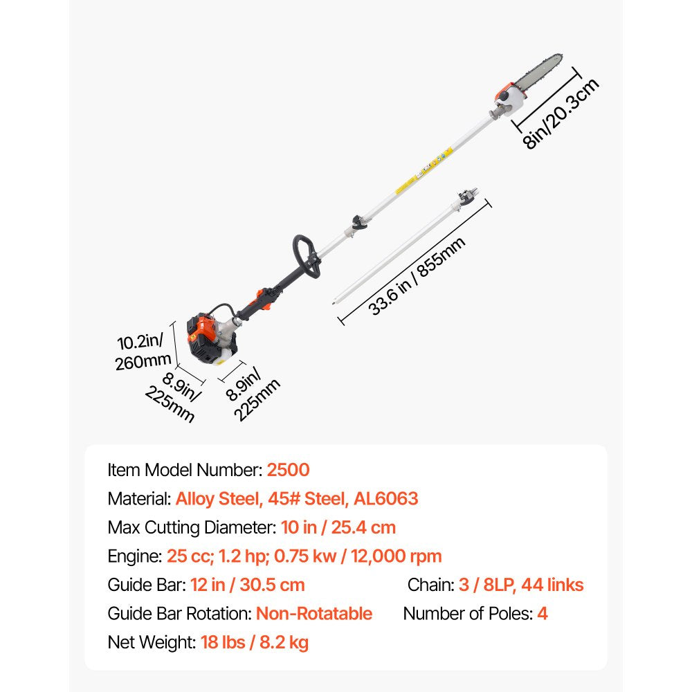VEVOR Gas Pole Saw, 25CC 2 Stroke Gas Powered Pole Saws with 8 in Cutting Bar, Cordless Tree Trimmer with 23 fl.oz Fuel Tank, 6.5 to 9 ft Extendable, Powerful Chainsaw for Tree Trimming Pruning