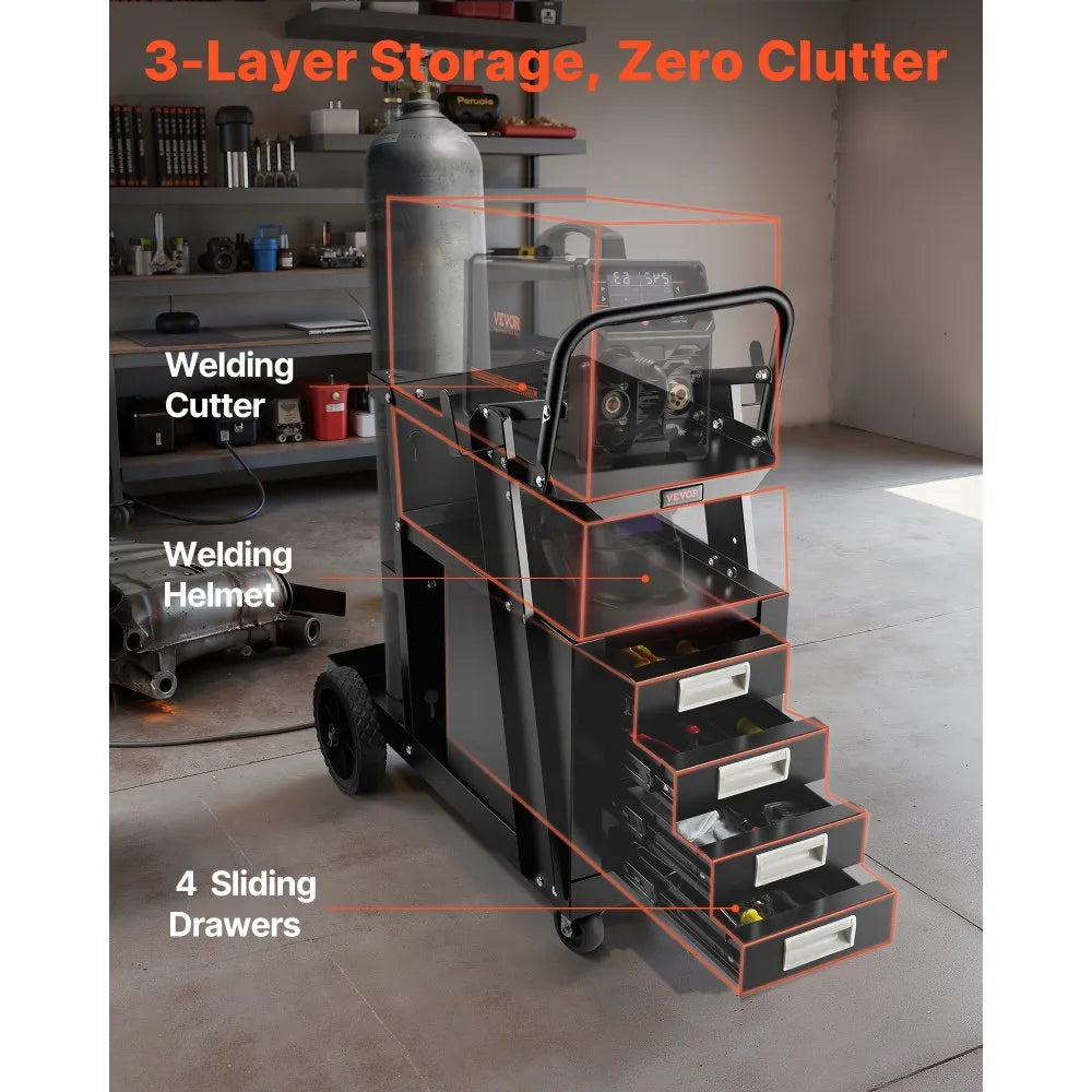 VEVOR Welding Cart, 2-Tier 4 Drawers Welder Cart with 265 LBS Weight Capacity, 360° Swivel Wheels, Tank Storage Safety Chains, Heavy Duty Rolling MIG Welder Cart for Mig Welder and Plasma Cutter