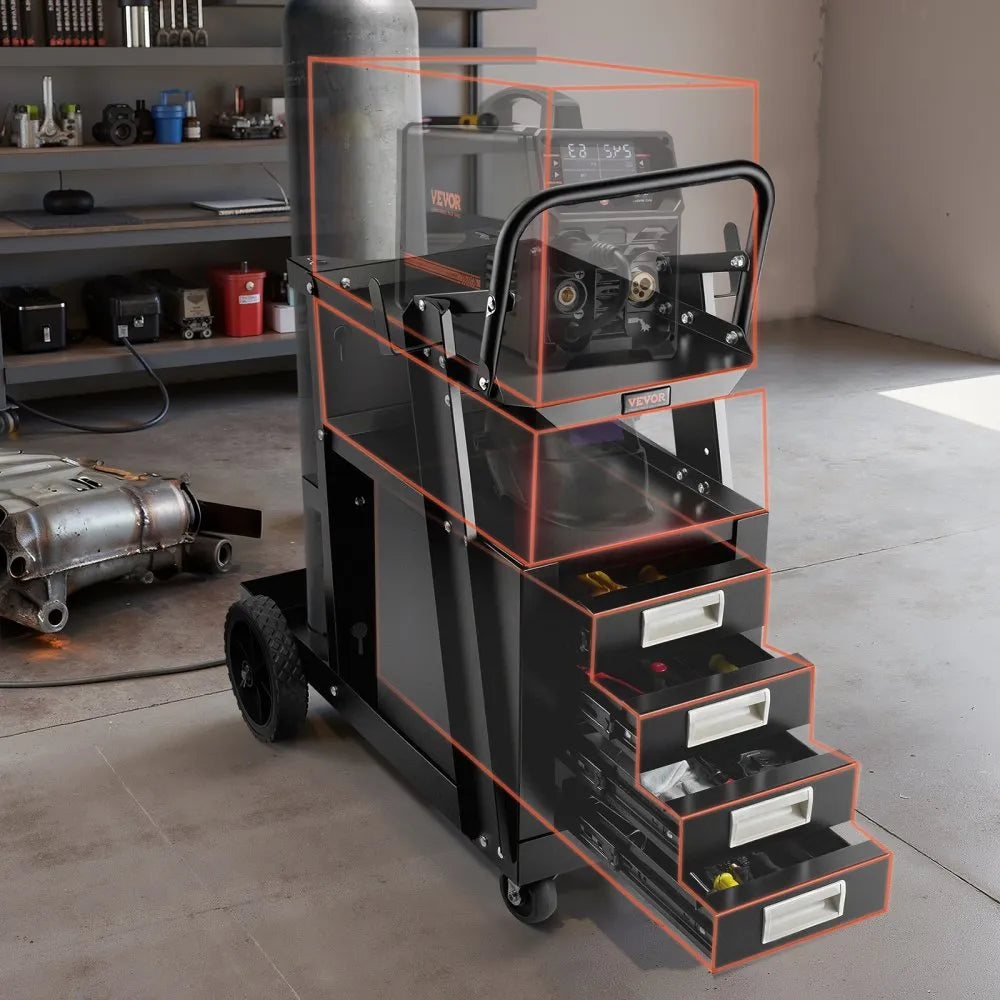 VEVOR Welding Cart, 2-Tier 4 Drawers Welder Cart with 265 LBS Weight Capacity, 360° Swivel Wheels, Tank Storage Safety Chains, Heavy Duty Rolling MIG Welder Cart for Mig Welder and Plasma Cutter