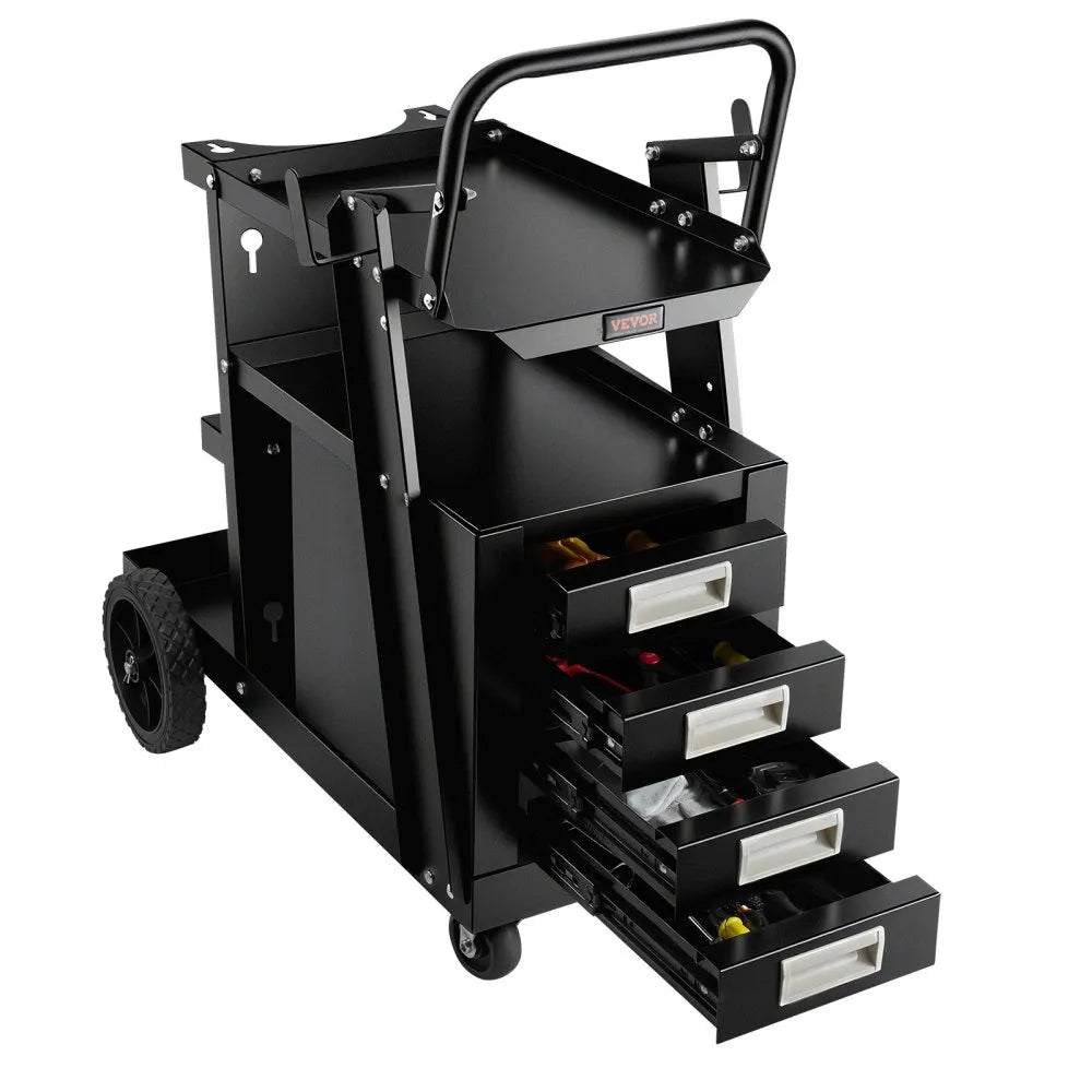 VEVOR Welding Cart, 2-Tier 4 Drawers Welder Cart with 265 LBS Weight Capacity, 360° Swivel Wheels, Tank Storage Safety Chains, Heavy Duty Rolling MIG Welder Cart for Mig Welder and Plasma Cutter