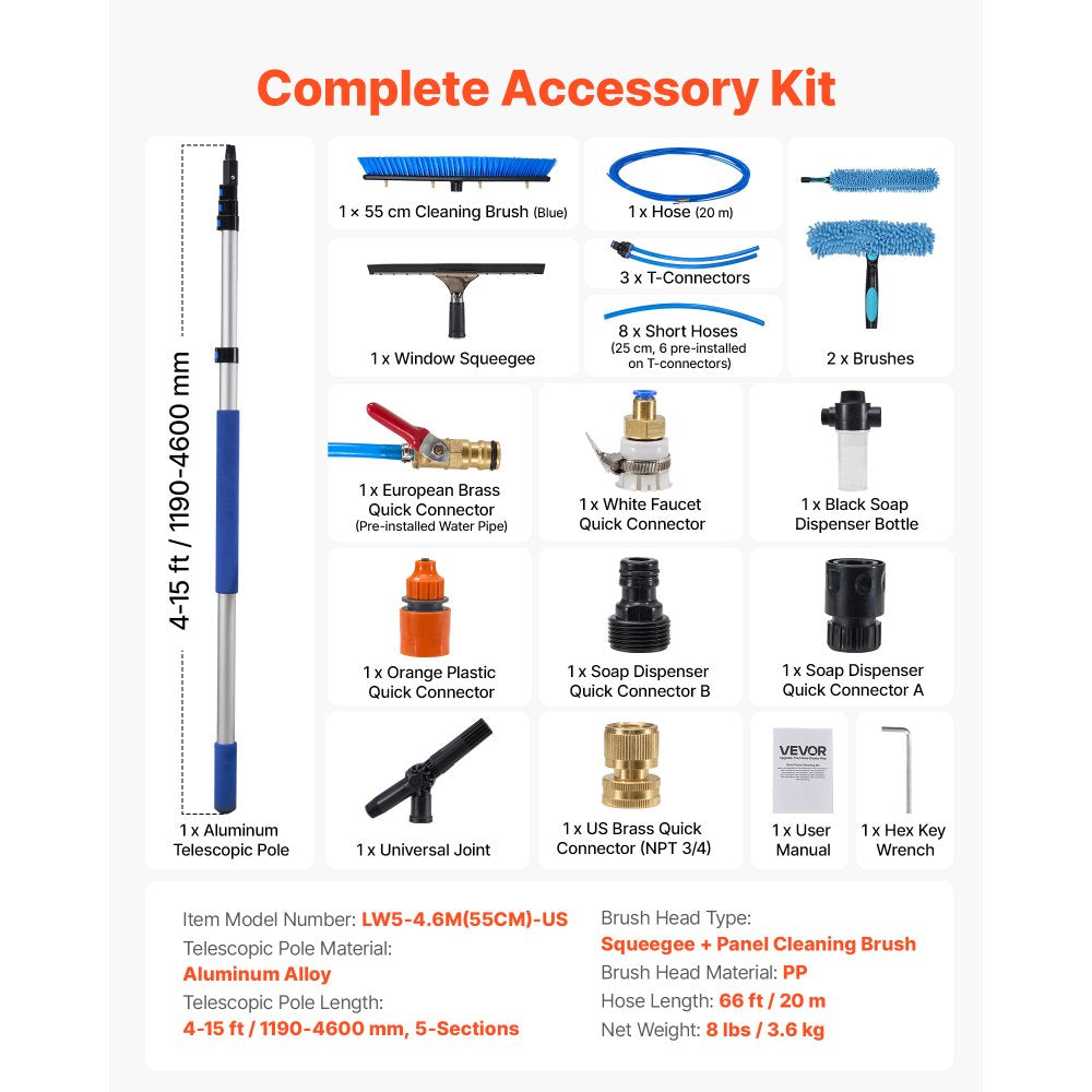 VEVOR Solar Panel Cleaning Kit, 15 ft, Water Fed Pole Kit with Cleaning Brush, Squeegee, Soap Dispenser, Extendable Aluminum Telescopic Pole, 180° Rotatable Brush Head, for Roof Mounted Solar Panels