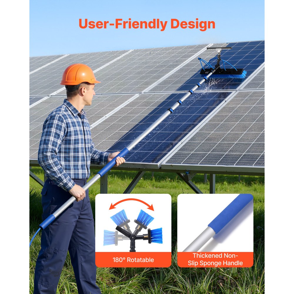 VEVOR Solar Panel Cleaning Kit, 33 ft, Water Fed Pole Kit with Cleaning Brush, Squeegee, Soap Dispenser, Extendable Aluminum Telescopic Pole, 180° Rotatable Brush Head, for Roof Mounted Solar Panels