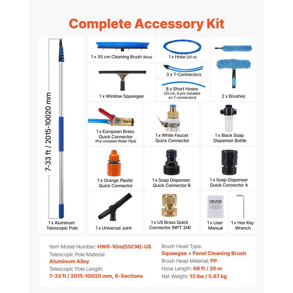 VEVOR Solar Panel Cleaning Kit, 33 ft, Water Fed Pole Kit with Cleaning Brush, Squeegee, Soap Dispenser, Extendable Aluminum Telescopic Pole, 180° Rotatable Brush Head, for Roof Mounted Solar Panels