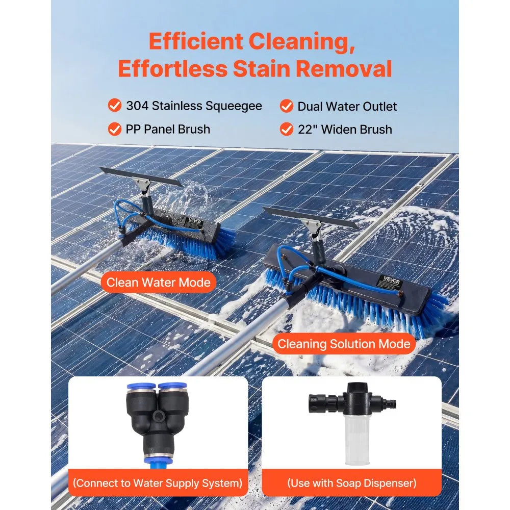 VEVOR Solar Panel Cleaning Kit, 26 ft, Water Fed Pole Kit with Cleaning Brush, Squeegee, Soap Dispenser, Extendable Aluminum Telescopic Pole, 180° Rotatable Brush Head, for Roof Mounted Solar Panels