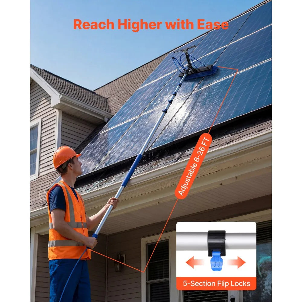 VEVOR Solar Panel Cleaning Kit, 26 ft, Water Fed Pole Kit with Cleaning Brush, Squeegee, Soap Dispenser, Extendable Aluminum Telescopic Pole, 180° Rotatable Brush Head, for Roof Mounted Solar Panels