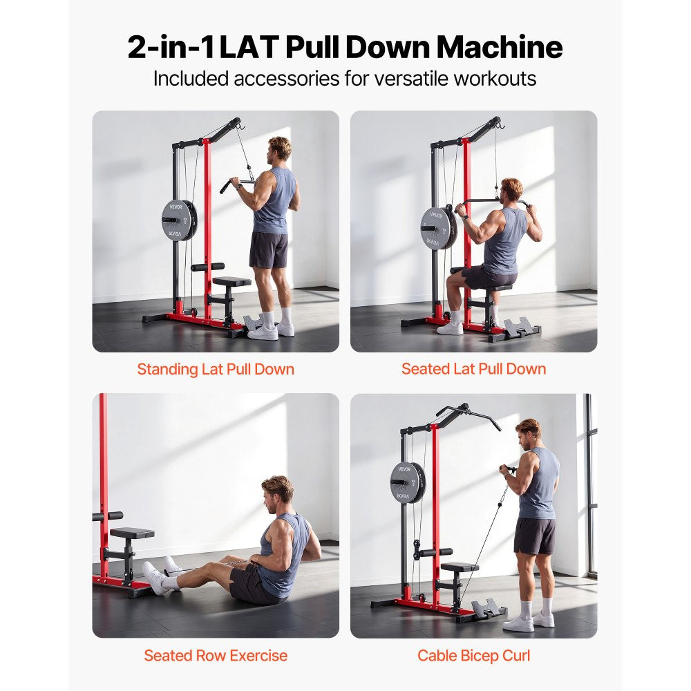 VEVOR LAT Pull Down Machine, 2-in-1 Row Cable Machine, Cable Machines Home Gym with 3-Level Adjustable Seat, 4-Level Adjustable Foam Roller, Load 500 lbs Lat Tower for Back, Chest, Tricep, Black Red