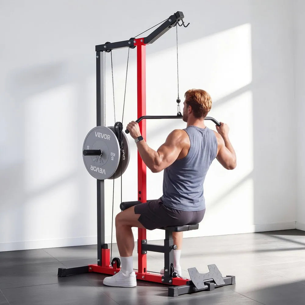 VEVOR LAT Pull Down Machine, 2-in-1 Row Cable Machine, Cable Machines Home Gym with 3-Level Adjustable Seat, 4-Level Adjustable Foam Roller, Load 500 lbs Lat Tower for Back, Chest, Tricep, Black Red