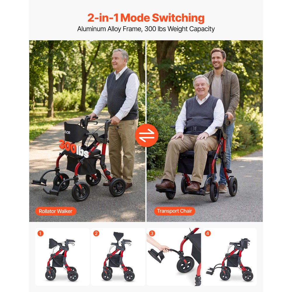 VEVOR 2-in-1 Rollator Walker & Transport Chair for Seniors, Foldable Rolling Walker Wheelchair, Lightweight Aluminum Mobility Walking Aid with Solid PU Wheels, Cup & Cane Holder - Supports 300LBS