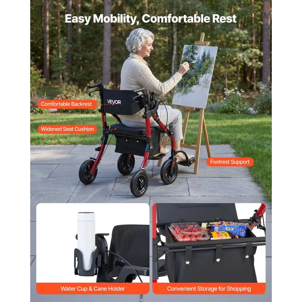VEVOR 2-in-1 Rollator Walker & Transport Chair for Seniors, Foldable Rolling Walker Wheelchair, Lightweight Aluminum Mobility Walking Aid with Solid PU Wheels, Cup & Cane Holder - Supports 300LBS