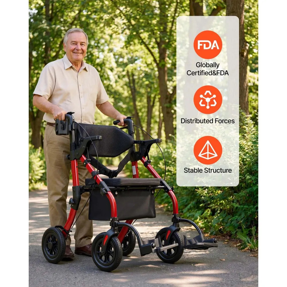 VEVOR 2-in-1 Rollator Walker & Transport Chair for Seniors, Foldable Rolling Walker Wheelchair, Lightweight Aluminum Mobility Walking Aid with Solid PU Wheels, Cup & Cane Holder - Supports 300LBS
