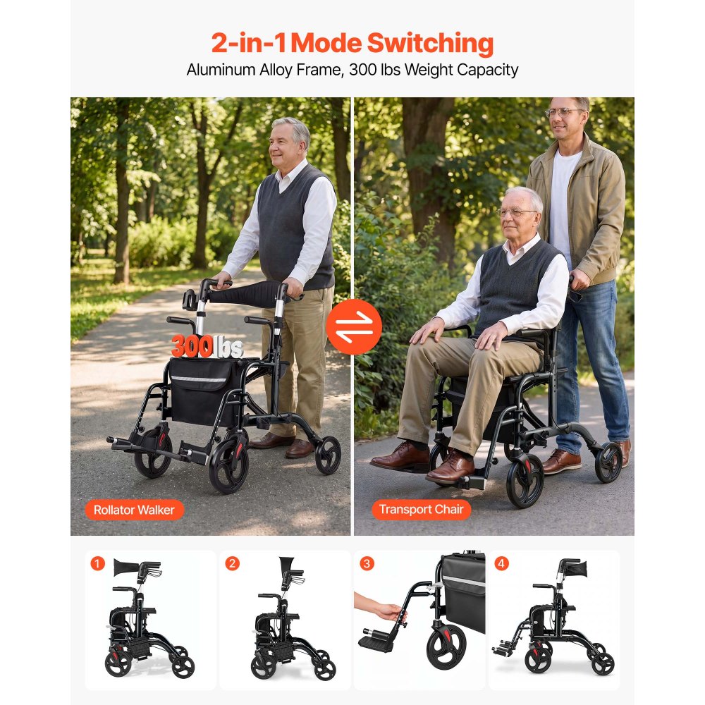 VEVOR 2-in-1 Rollator Walker & Transport Chair for Seniors, Foldable Rolling Walker Wheelchair, Lightweight Aluminum Mobility Walking Aid with Solid PVC Wheels, Cup & Cane Holder - Supports 300LBS