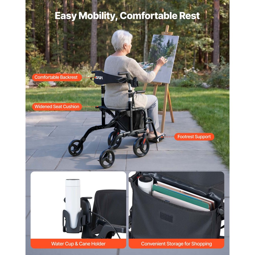 VEVOR 2-in-1 Rollator Walker & Transport Chair for Seniors, Foldable Rolling Walker Wheelchair, Lightweight Aluminum Mobility Walking Aid with Solid PVC Wheels, Cup & Cane Holder - Supports 300LBS